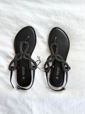 🆕 Promod Leather Black Beaded Sandals Size US 9